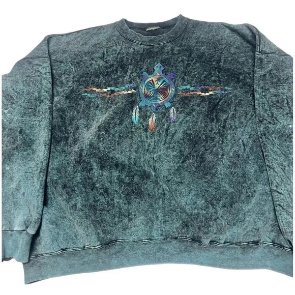 Vtg Sweatshirt Blue Green Acid Stone Washed Southwestern Aztec Sz XL Or XXL 90s - Picture 1 of 12